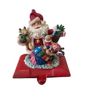 Vtg Santa Claus Christmas Stocking Hanger w Toys Reindeer Cast Iron Hand Painted
